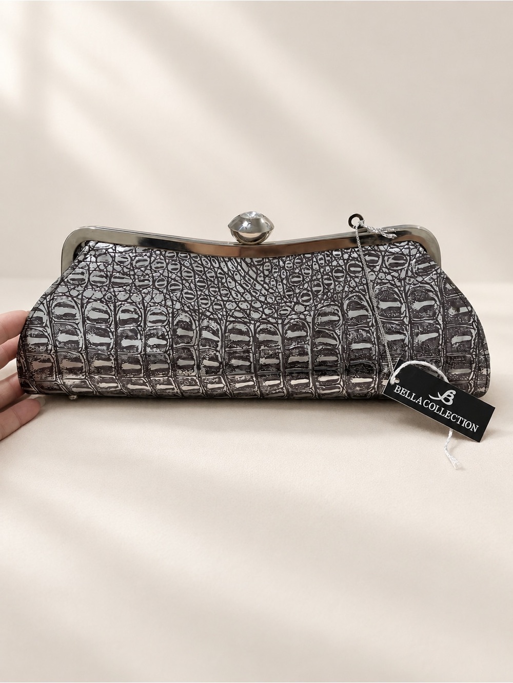Silver Croc-Embossed Clutch